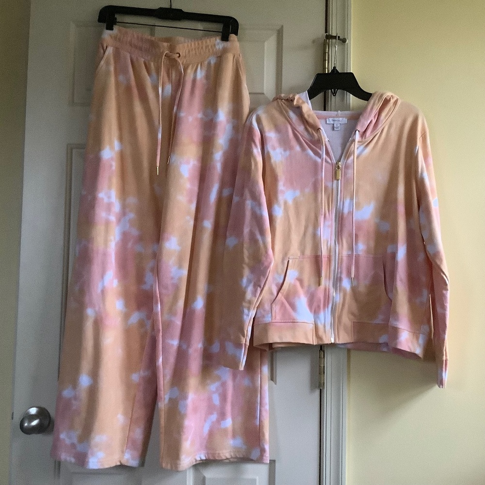Skinnygirl Set Tie-Dye Hooded Jacket And Wide Leg Pants Pink Orange SZ XL/L